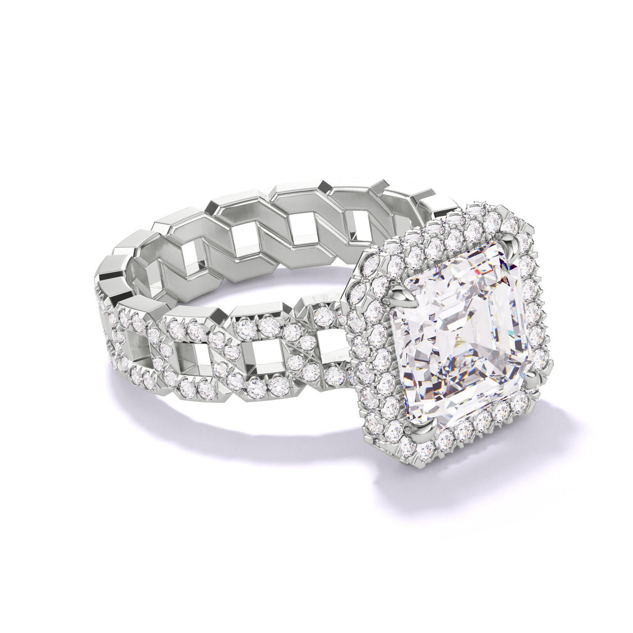 ASSCHER CUT DIAMOND ENGAGEMENT RING WITH A WRAPPED HALO 16 PAVE LINKS SETTING IN PLATINUM