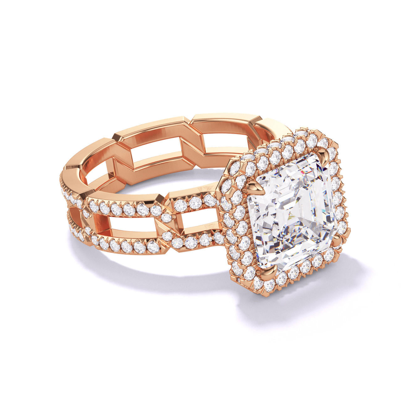 ASSCHER CUT DIAMOND ENGAGEMENT RING WITH A WRAPPED HALO 8 PAVE LINKS SETTING IN 18K ROSE GOLD