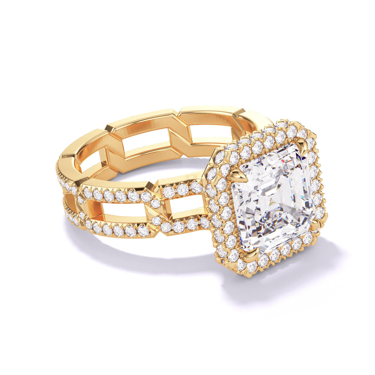 ASSCHER CUT DIAMOND ENGAGEMENT RING WITH A WRAPPED HALO 8 PAVE LINKS SETTING IN 18K YELLOW GOLD