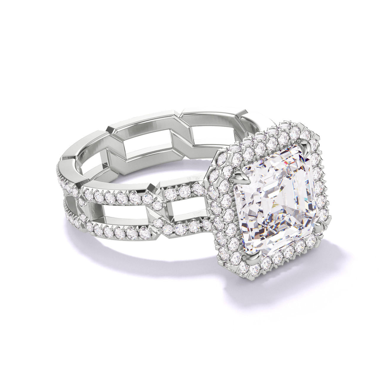 ASSCHER CUT DIAMOND ENGAGEMENT RING WITH A WRAPPED HALO 8 PAVE LINKS SETTING IN PLATINUM