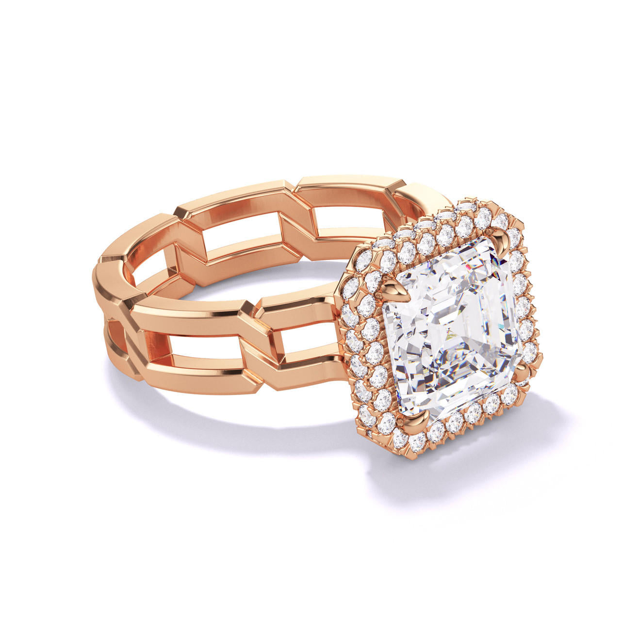 ASSCHER CUT DIAMOND ENGAGEMENT RING WITH A WRAPPED HALO 8 LINKS SETTING IN 18K ROSE GOLD