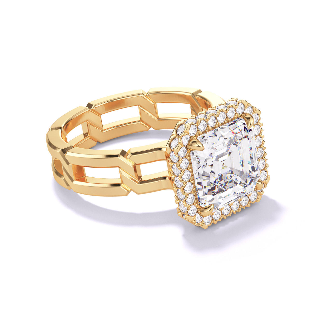 ASSCHER CUT DIAMOND ENGAGEMENT RING WITH A WRAPPED HALO 8 LINKS SETTING IN 18K YELLOW GOLD