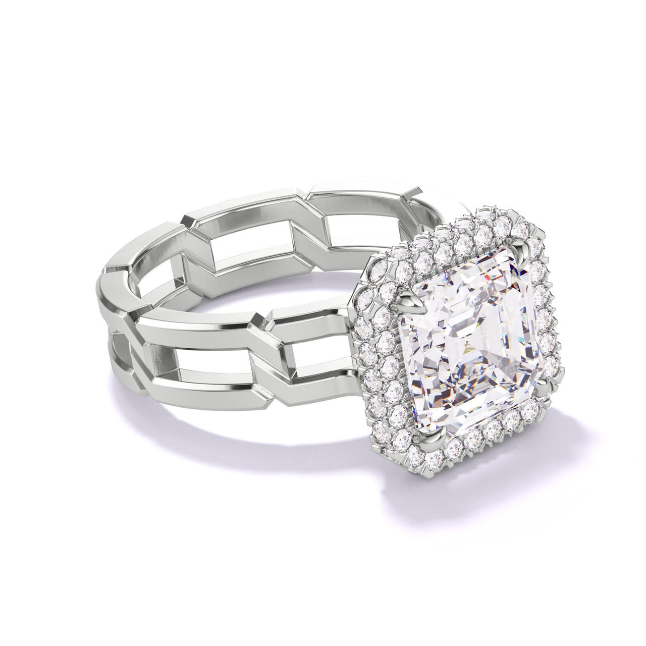 ASSCHER CUT DIAMOND ENGAGEMENT RING WITH A WRAPPED HALO 8 LINKS SETTING IN PLATINUM