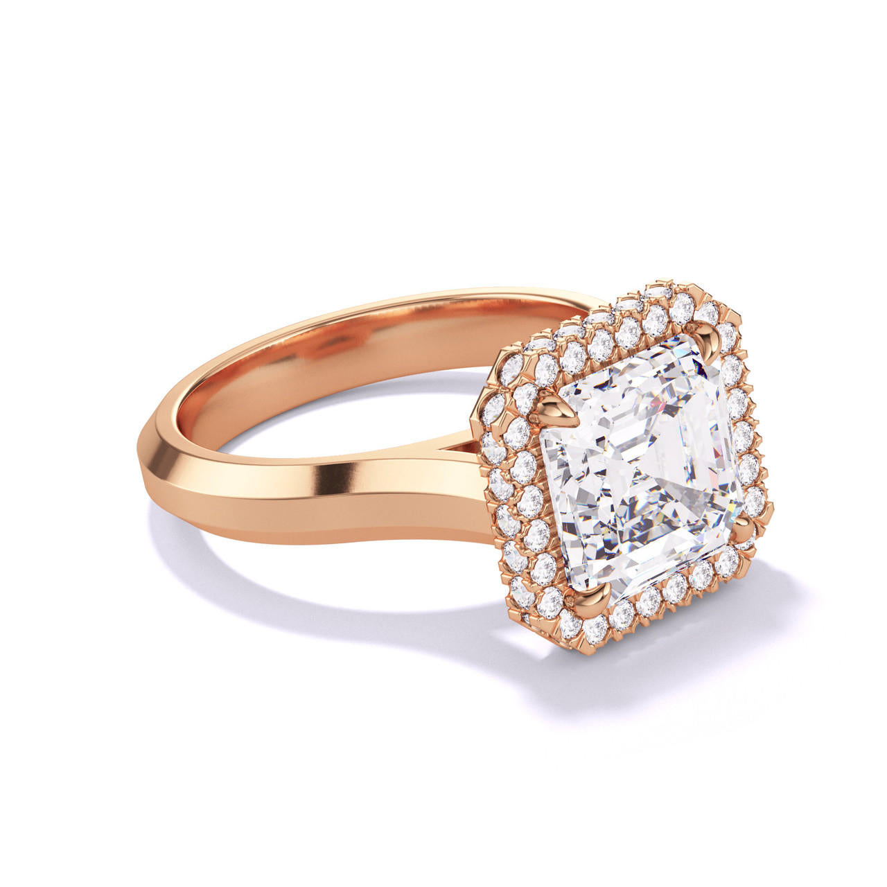 ASSCHER CUT DIAMOND ENGAGEMENT RING WITH A WRAPPED HALO THREE PHASES SETTING IN 18K ROSE GOLD