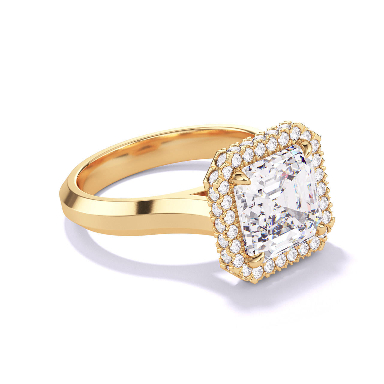 ASSCHER CUT DIAMOND ENGAGEMENT RING WITH A WRAPPED HALO THREE PHASES SETTING IN 18K YELLOW GOLD