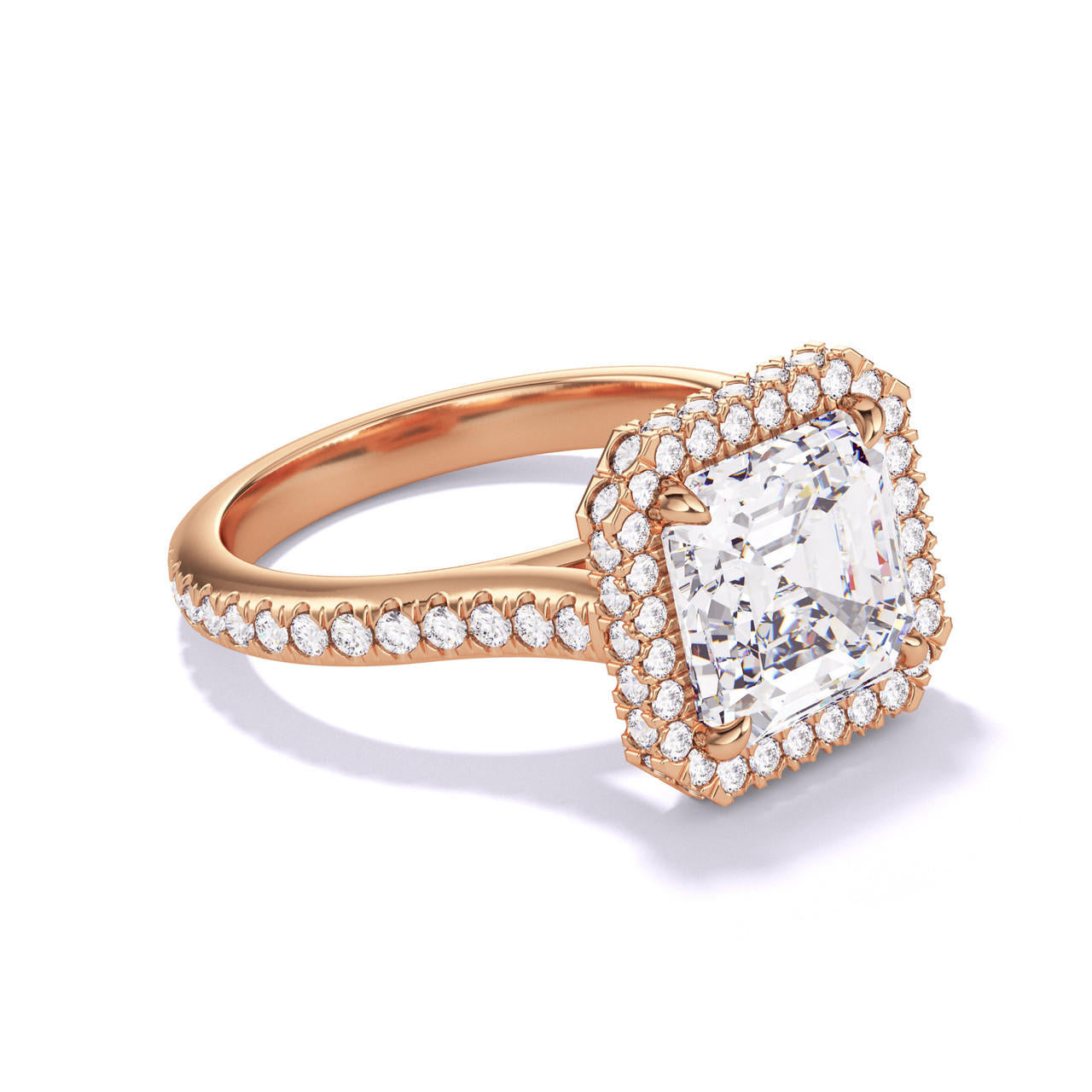 ASSCHER CUT DIAMOND ENGAGEMENT RING WITH A WRAPPED HALO THREE PHASES PAVE SETTING IN 18K ROSE GOLD