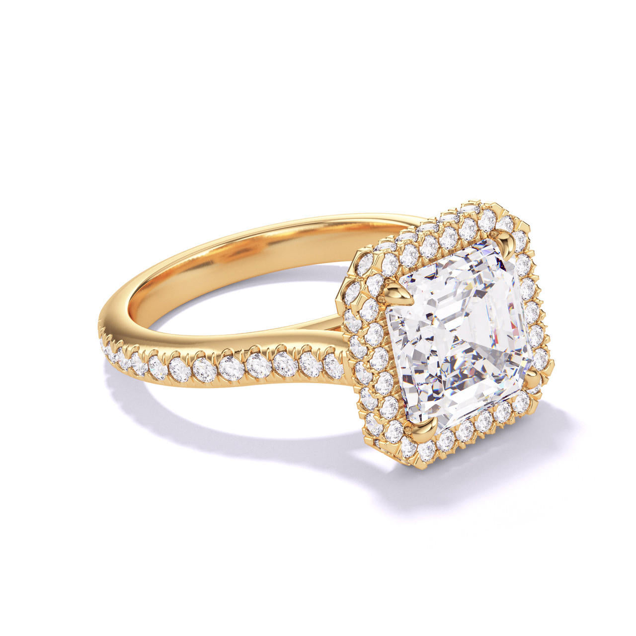 ASSCHER CUT DIAMOND ENGAGEMENT RING WITH A WRAPPED HALO THREE PHASES PAVE SETTING IN 18K YELLOW GOLD