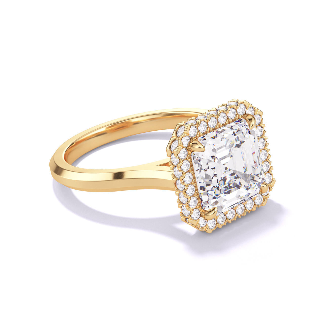 ASSCHER CUT DIAMOND ENGAGEMENT RING WITH A WRAPPED HALO THREE PHASES SLIM SETTING IN 18K YELLOW GOLD