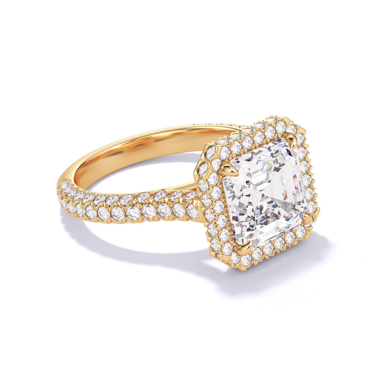 ASSCHER CUT DIAMOND ENGAGEMENT RING WITH A WRAPPED HALO THREE PHASES TRIPLE PAVE SETTING IN 18K YELLOW GOLD