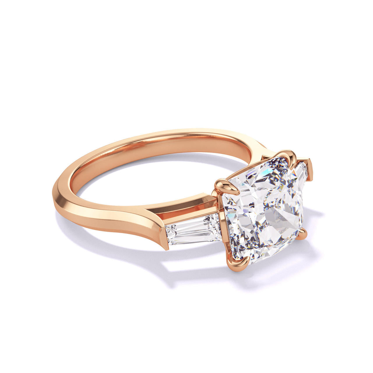 CUSHION CUT DIAMOND ENGAGEMENT RING WITH A BAGUETTE FLANK THREE PHASES SLIM SETTING IN 18K ROSE GOLD