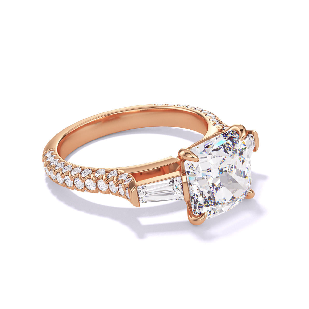 CUSHION CUT DIAMOND ENGAGEMENT RING WITH A BAGUETTE FLANK THREE PHASES TRIPLE PAVE SETTING IN 18K ROSE GOLD