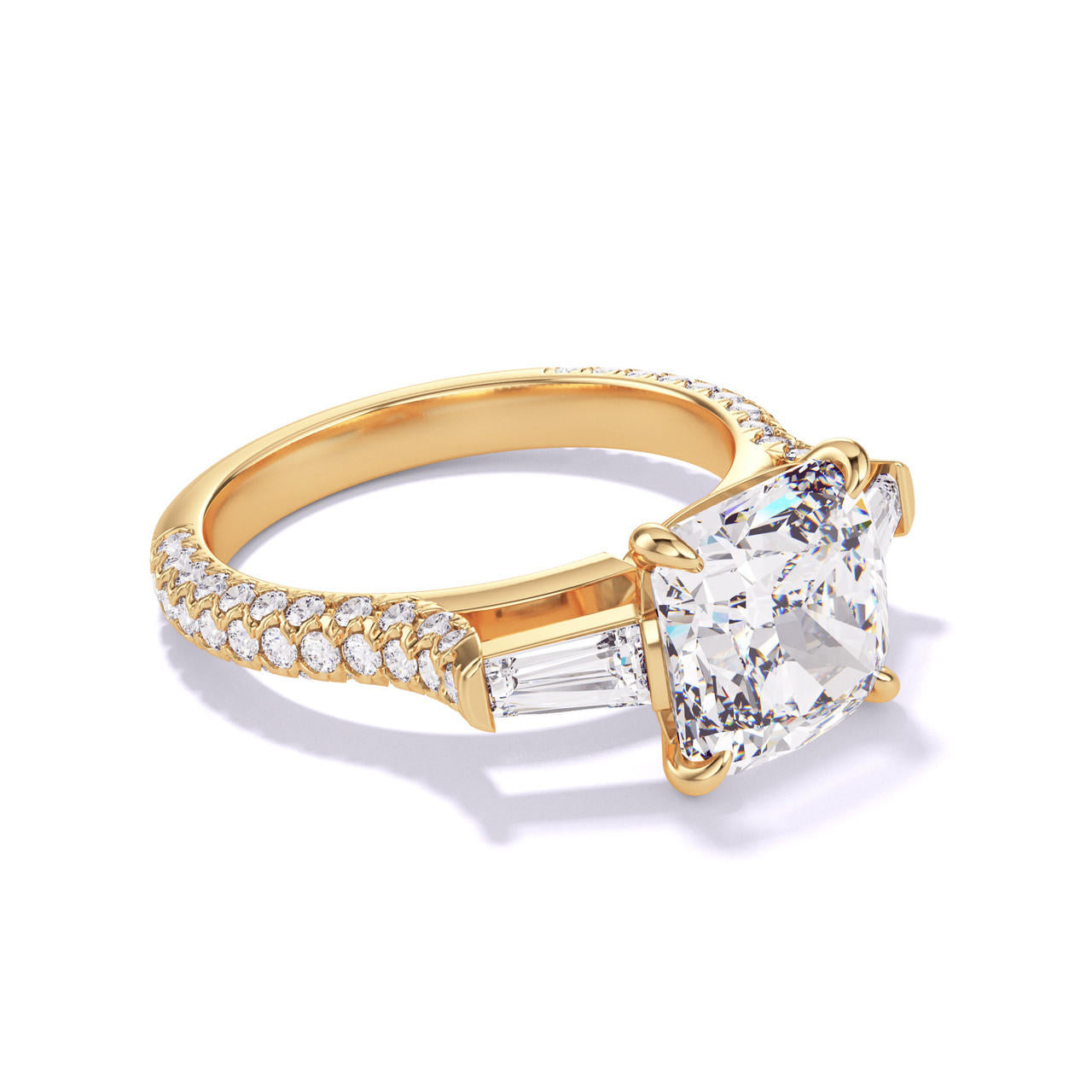 CUSHION CUT DIAMOND ENGAGEMENT RING WITH A BAGUETTE FLANK THREE PHASES TRIPLE PAVE SETTING IN 18K YELLOW GOLD