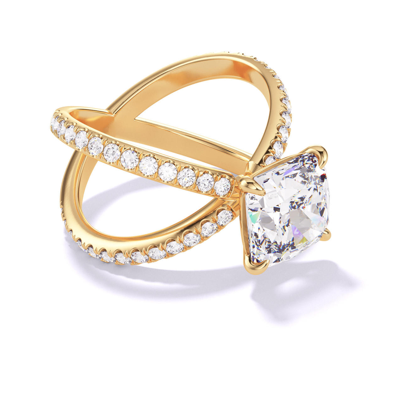 CUSHION CUT DIAMOND ENGAGEMENT RING WITH A CLASSIC 4 PRONG AXIS PAVE SETTING IN 18K YELLOW GOLD