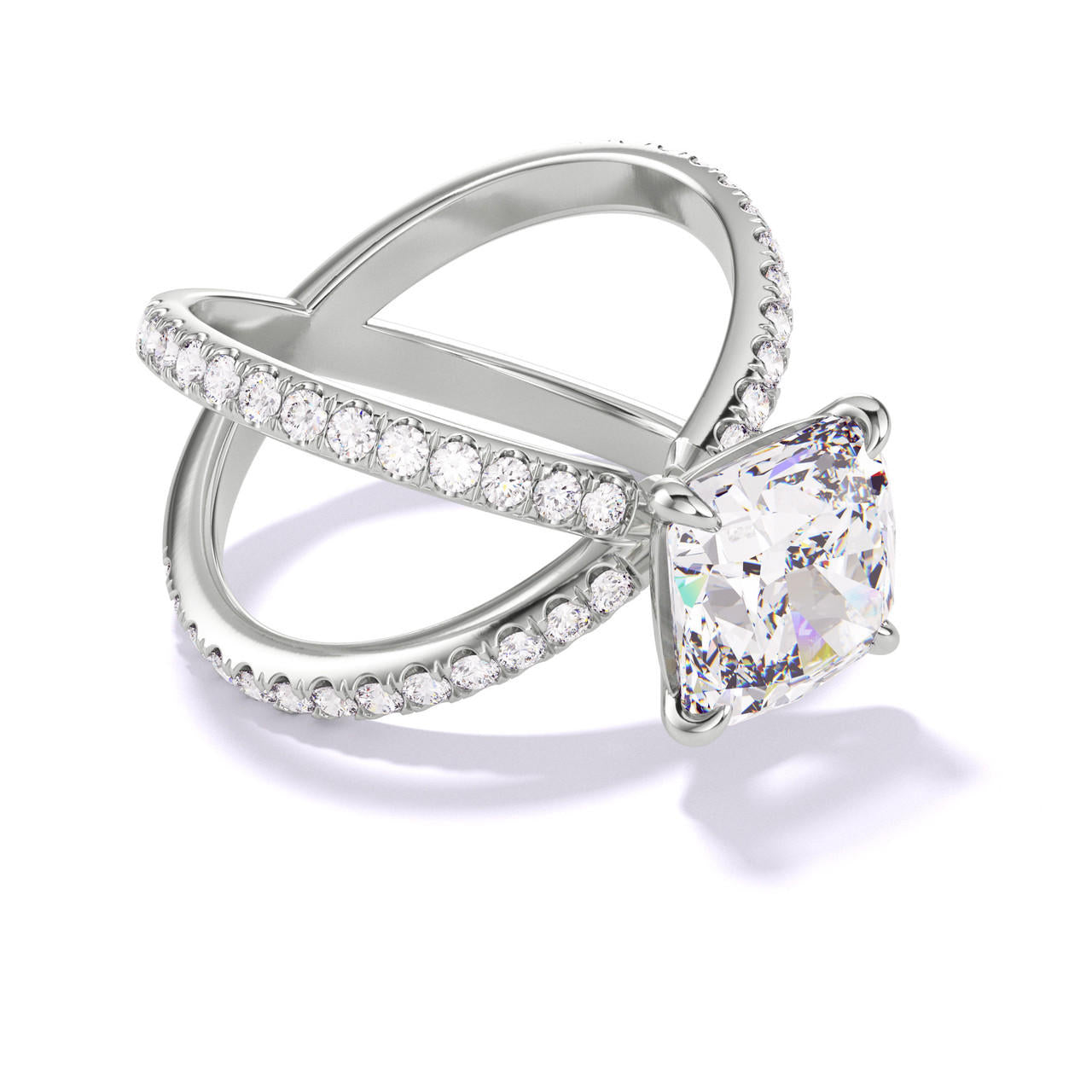 CUSHION CUT DIAMOND ENGAGEMENT RING WITH A CLASSIC 4 PRONG AXIS PAVE SETTING IN PLATINUM