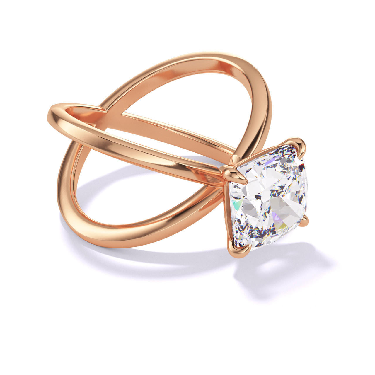 CUSHION CUT DIAMOND ENGAGEMENT RING WITH A CLASSIC 4 PRONG AXIS SETTING IN 18K ROSE GOLD