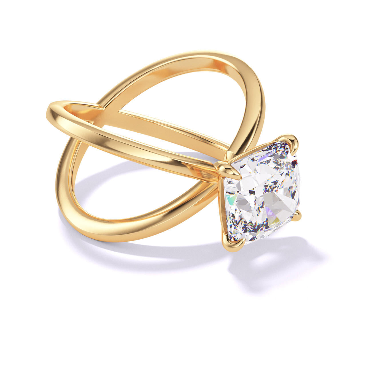 CUSHION CUT DIAMOND ENGAGEMENT RING WITH A CLASSIC 4 PRONG AXIS SETTING IN 18K YELLOW GOLD