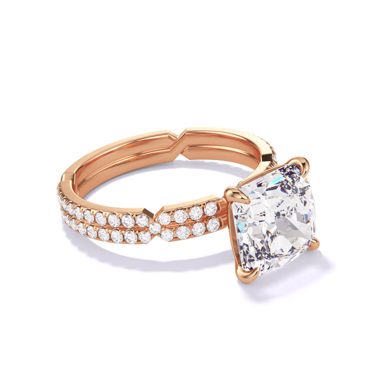 CUSHION CUT DIAMOND ENGAGEMENT RING WITH A CLASSIC 4 PRONG CHANCE PAVE SETTING IN 18K ROSE GOLD