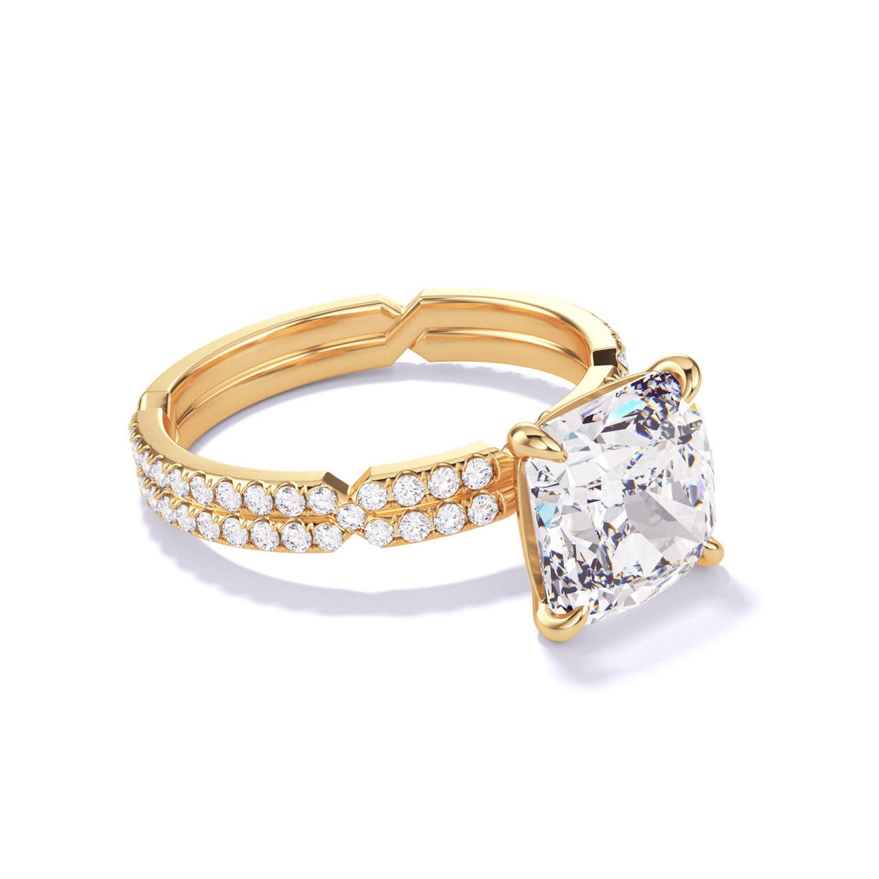 CUSHION CUT DIAMOND ENGAGEMENT RING WITH A CLASSIC 4 PRONG CHANCE PAVE SETTING IN 18K YELLOW GOLD