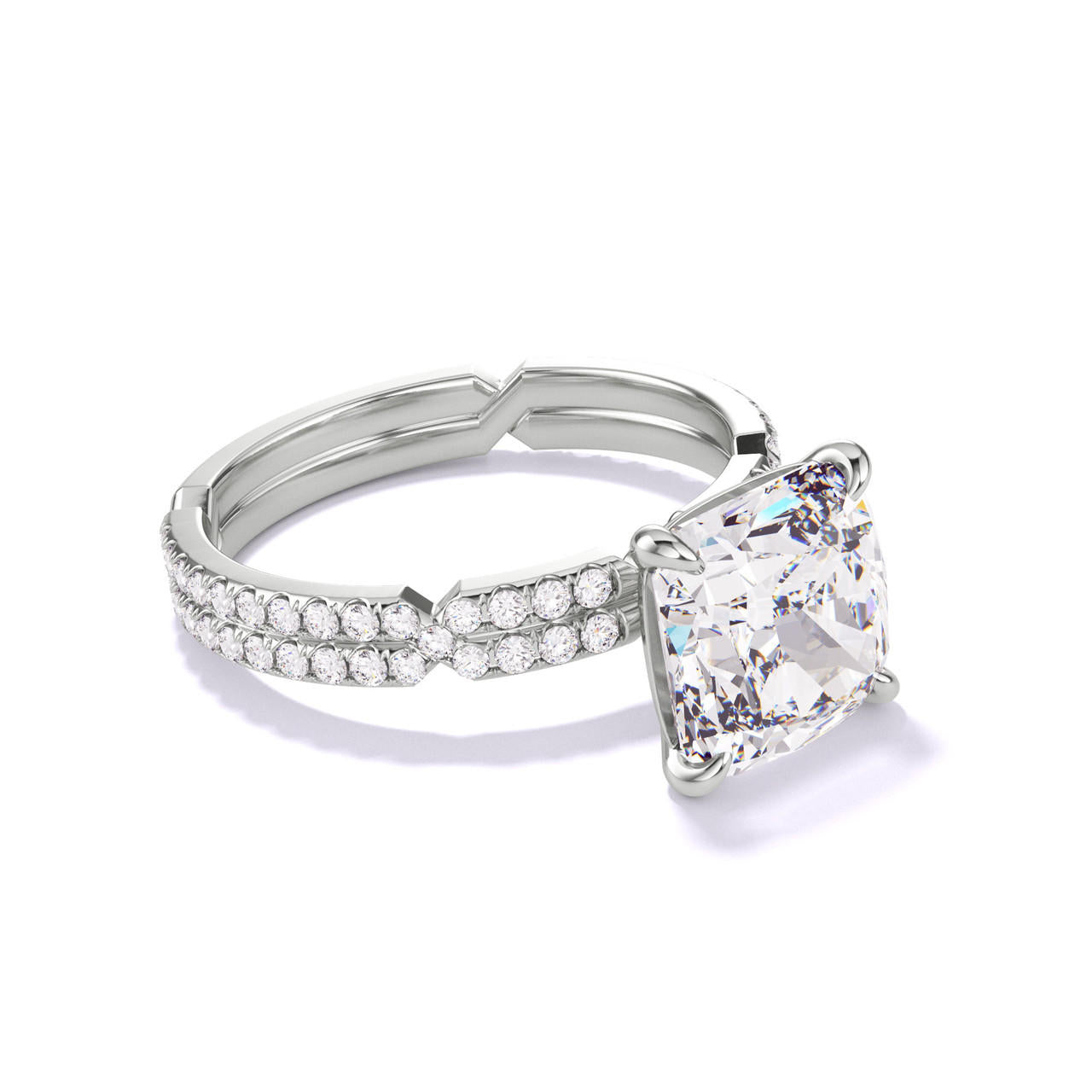 CUSHION CUT DIAMOND ENGAGEMENT RING WITH A CLASSIC 4 PRONG CHANCE PAVE SETTING IN PLATINUM