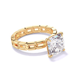 An angled view of Lindsey Scoggins Studio’s 18K Yellow Gold Cushion Cut Diamond Engagement Ring with a Classic 4 Prong 16 Links Setting.