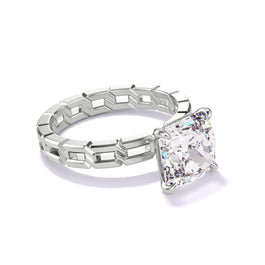 Lindsey Scoggins Studio’s Cushion Cut Diamond Engagement Ring with a classic 4 prong 16 links setting in Platinum.
