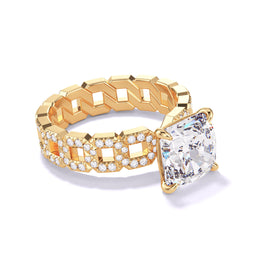 CUSHION CUT DIAMOND ENGAGEMENT RING WITH A CLASSIC 4 PRONG 16 PAVE LINKS SETTING IN 18K YELLOW GOLD
