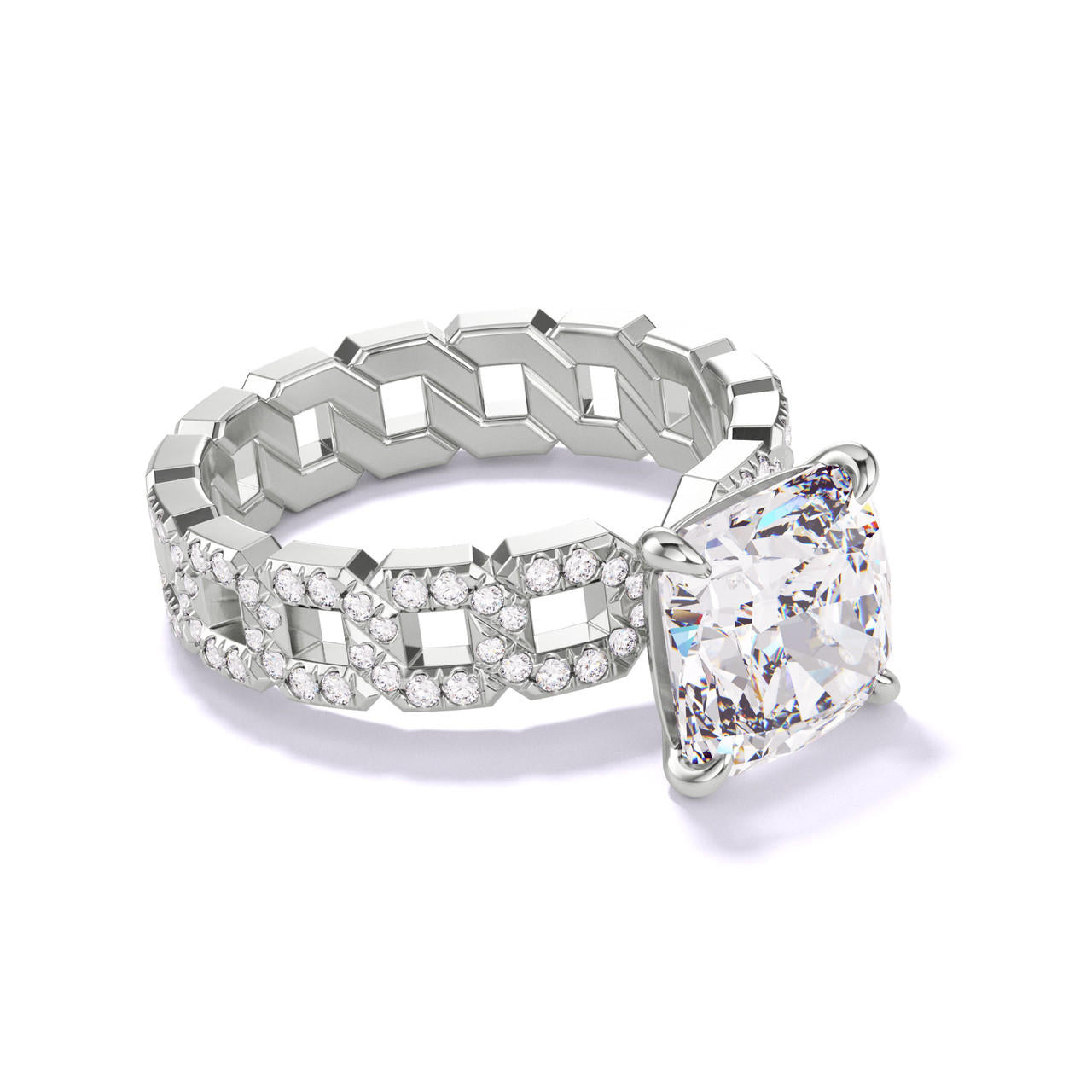 CUSHION CUT DIAMOND ENGAGEMENT RING WITH A CLASSIC 4 PRONG 16 PAVE LINKS SETTING IN PLATINUM