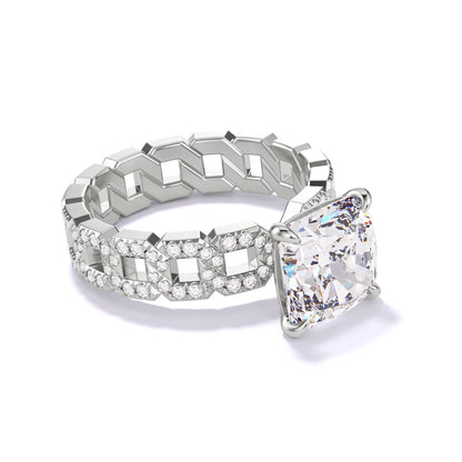 CUSHION CUT DIAMOND ENGAGEMENT RING WITH A CLASSIC 4 PRONG 16 PAVE LINKS SETTING IN PLATINUM