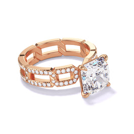 CUSHION CUT DIAMOND ENGAGEMENT RING WITH A CLASSIC 4 PRONG 8 PAVE LINKS SETTING IN 18K ROSE GOLD