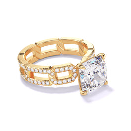 Angled view of the Cushion Cut Diamond Engagement Ring in 18K Yellow Gold, featuring a classic 4 Prong 8 Pave Links Setting.