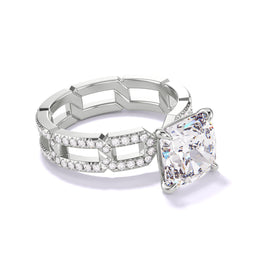 CUSHION CUT DIAMOND ENGAGEMENT RING WITH A CLASSIC 4 PRONG 8 PAVE LINKS SETTING IN PLATINUM