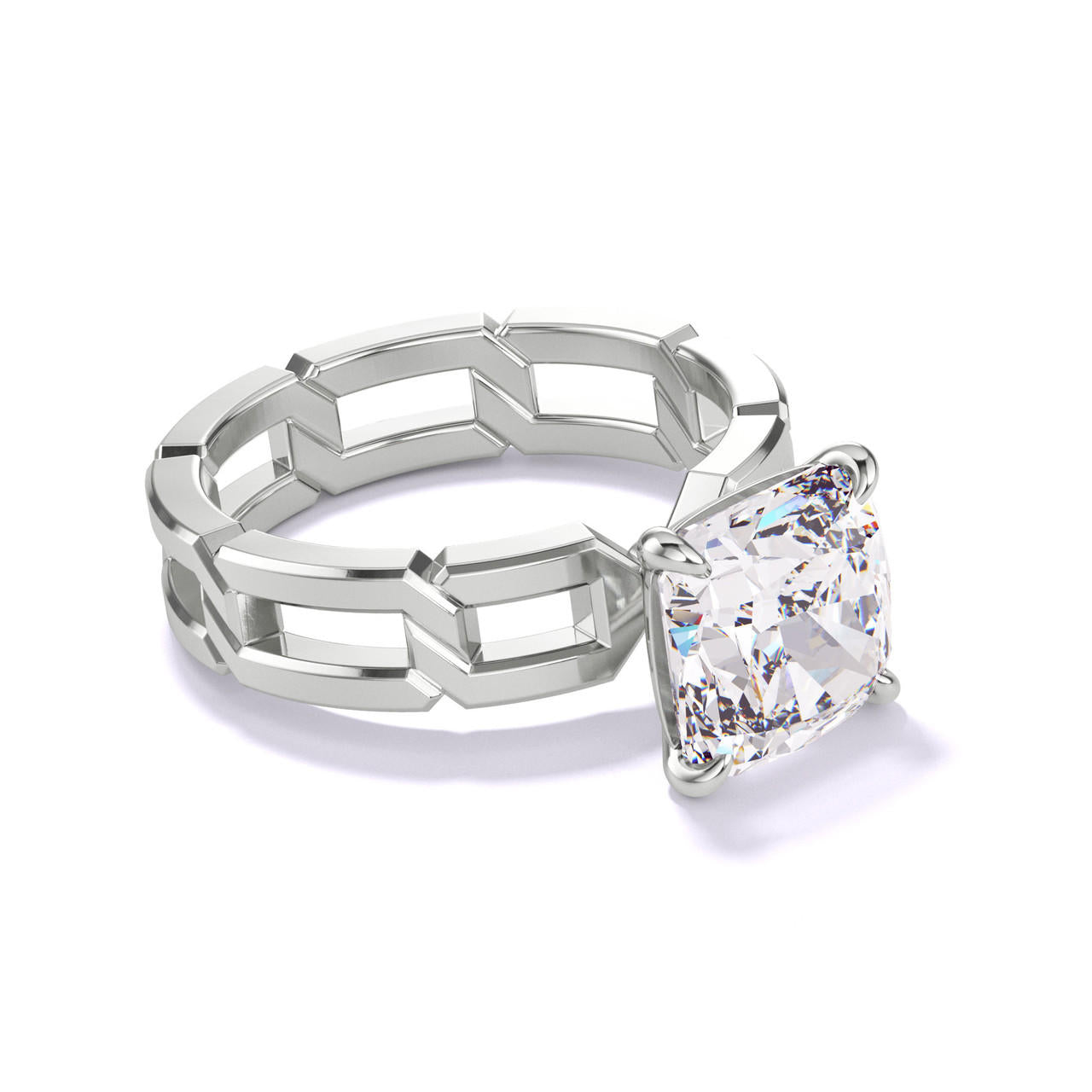 CUSHION CUT DIAMOND ENGAGEMENT RING WITH A CLASSIC 4 PRONG 8 LINKS SETTING IN PLATINUM