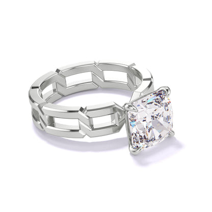 CUSHION CUT DIAMOND ENGAGEMENT RING WITH A CLASSIC 4 PRONG 8 LINKS SETTING IN PLATINUM