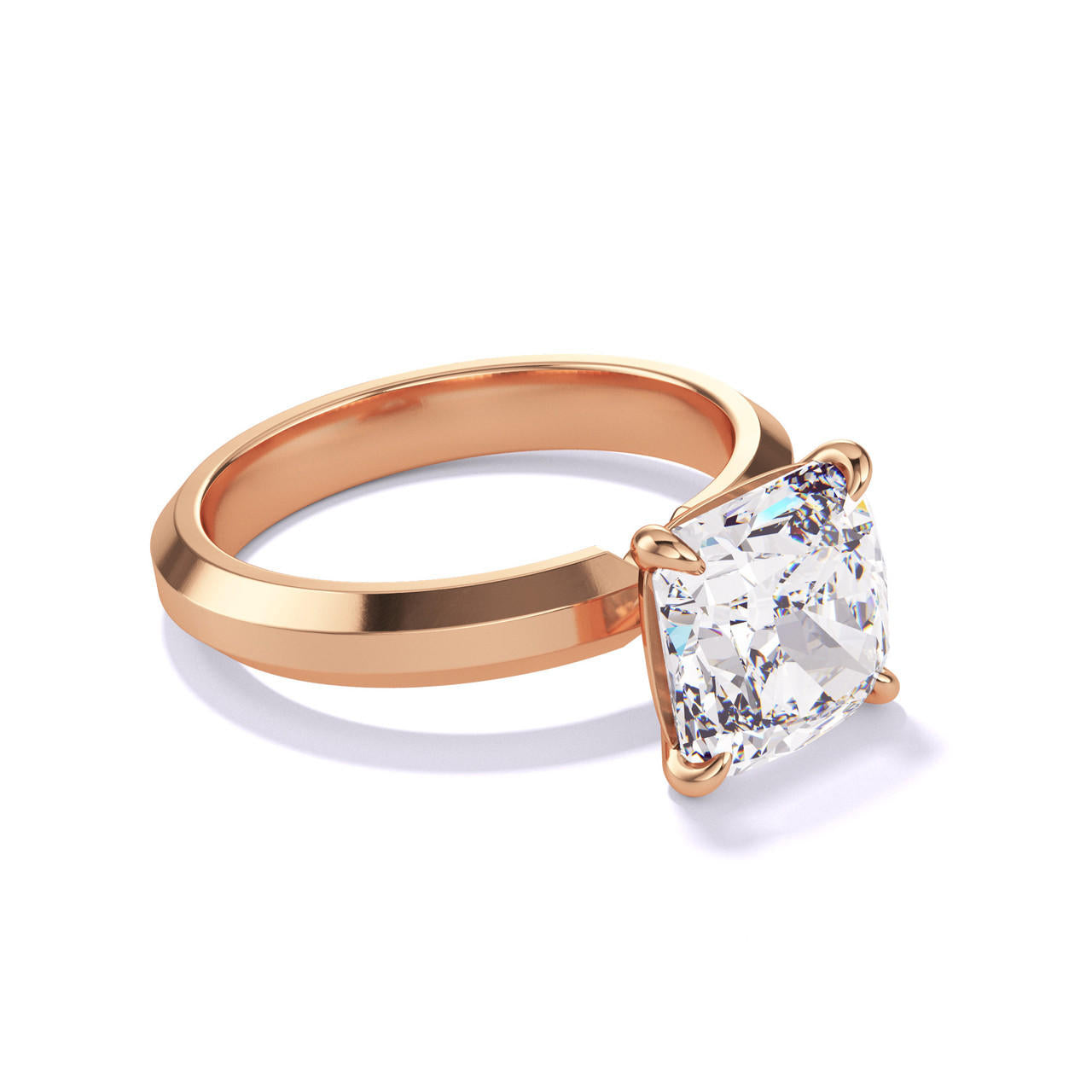 CUSHION CUT DIAMOND ENGAGEMENT RING WITH A CLASSIC 4 PRONG THREE PHASES SETTING IN 18K ROSE GOLD