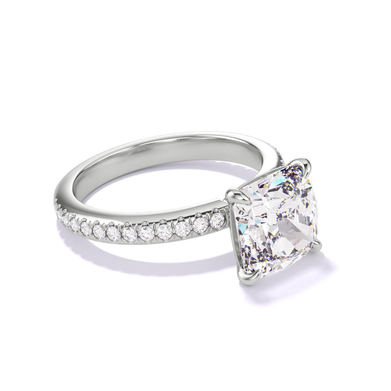 Cushion Cut Engagement Ring in a 4 Prong Setting on a Pave Platinum Band