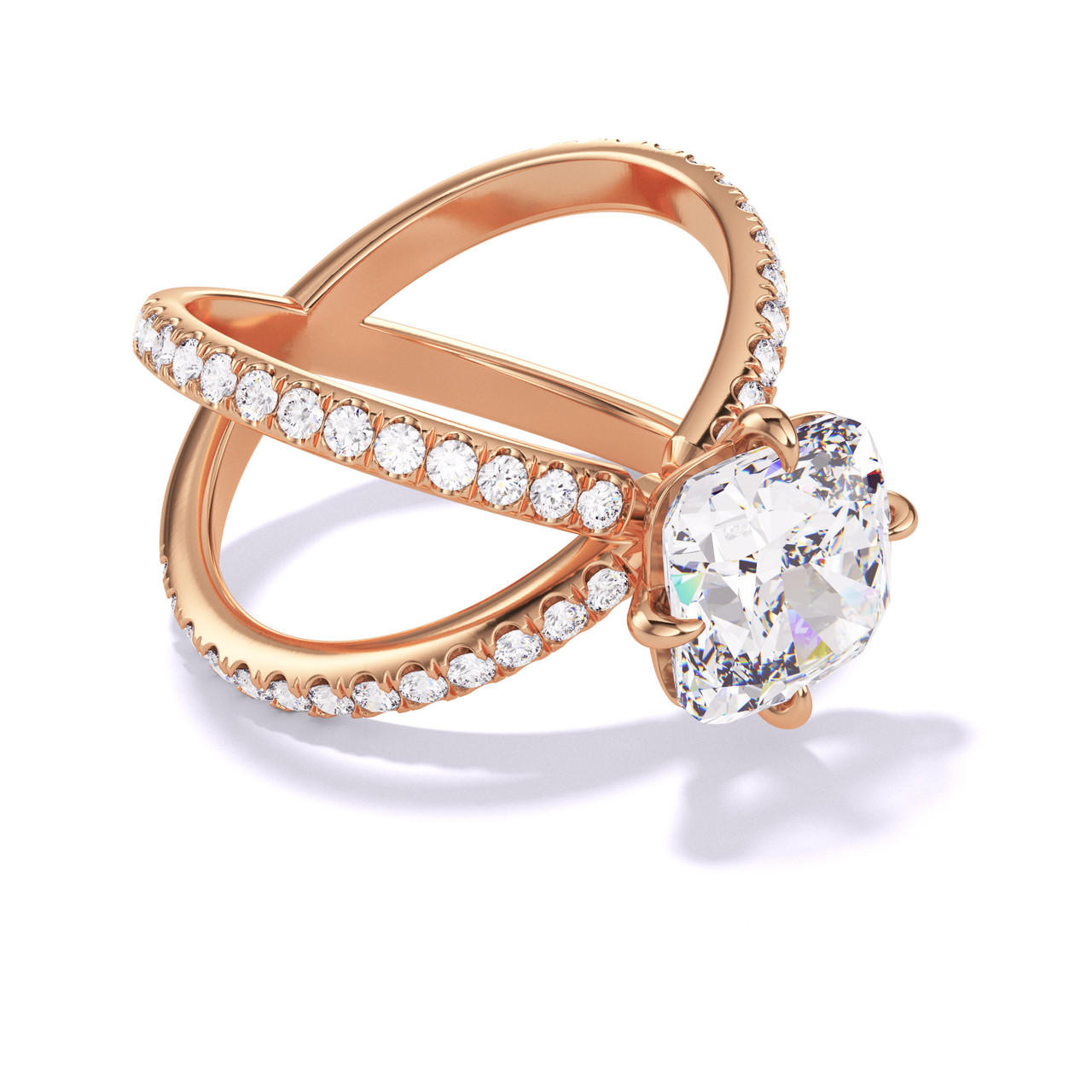 CUSHION CUT DIAMOND ENGAGEMENT RING WITH A COMPASS 4 PRONG AXIS PAVE SETTING IN 18K ROSE GOLD