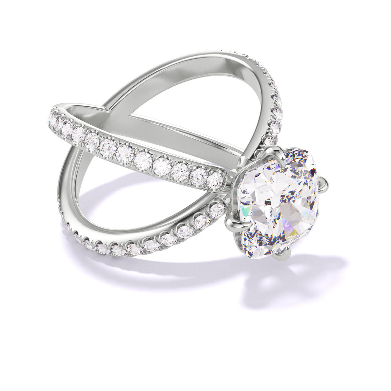 CUSHION CUT DIAMOND ENGAGEMENT RING WITH A COMPASS 4 PRONG AXIS PAVE SETTING IN PLATINUM