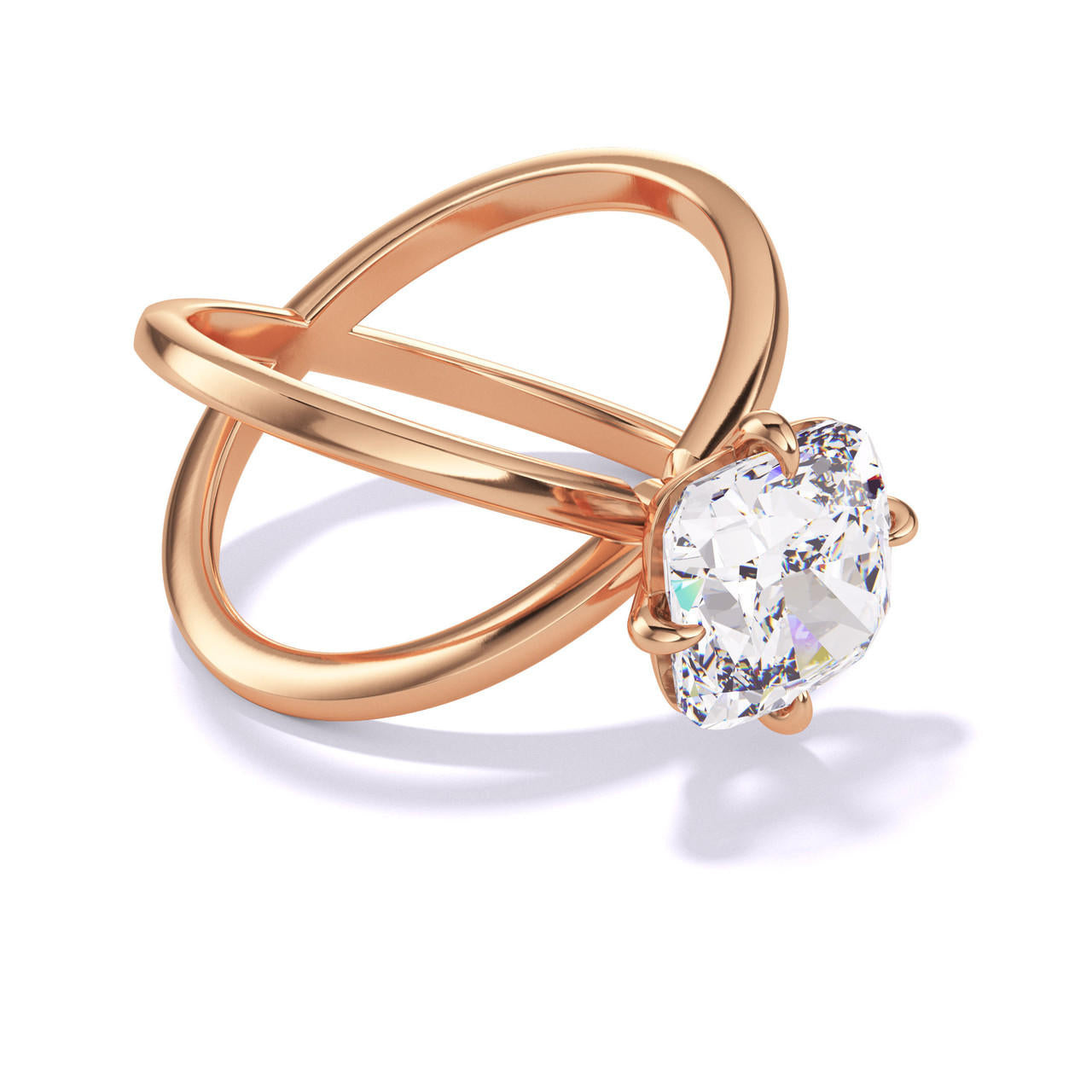 CUSHION CUT DIAMOND ENGAGEMENT RING WITH A COMPASS 4 PRONG AXIS SETTING IN 18K ROSE GOLD