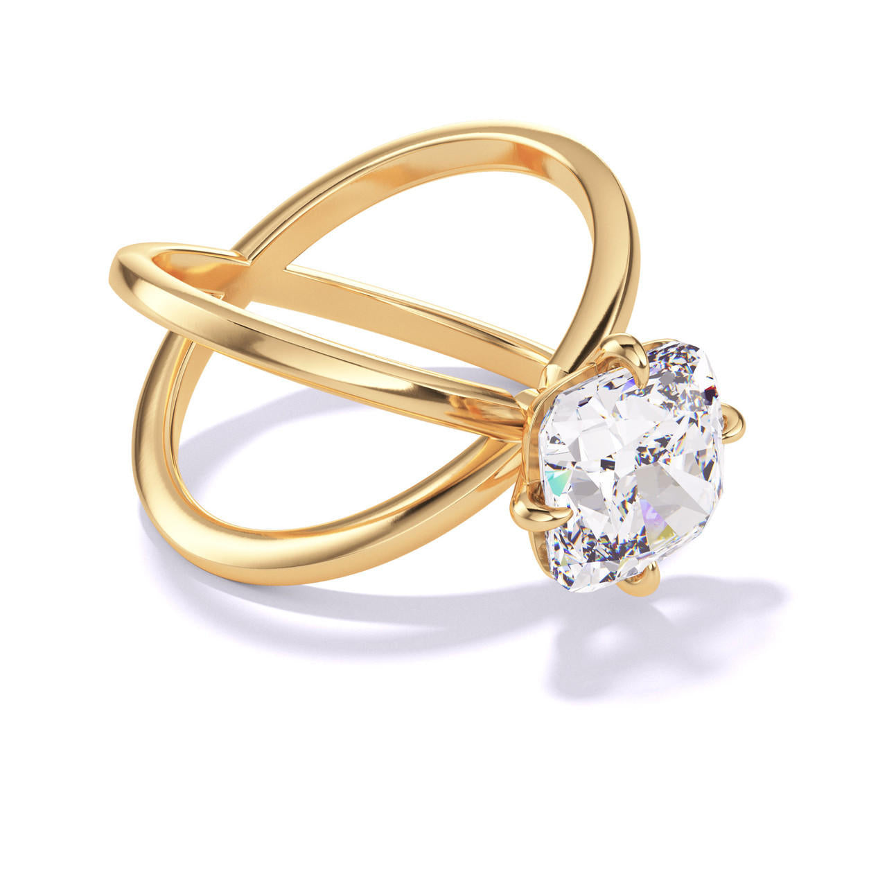 CUSHION CUT DIAMOND ENGAGEMENT RING WITH A COMPASS 4 PRONG AXIS SETTING IN 18K YELLOW GOLD