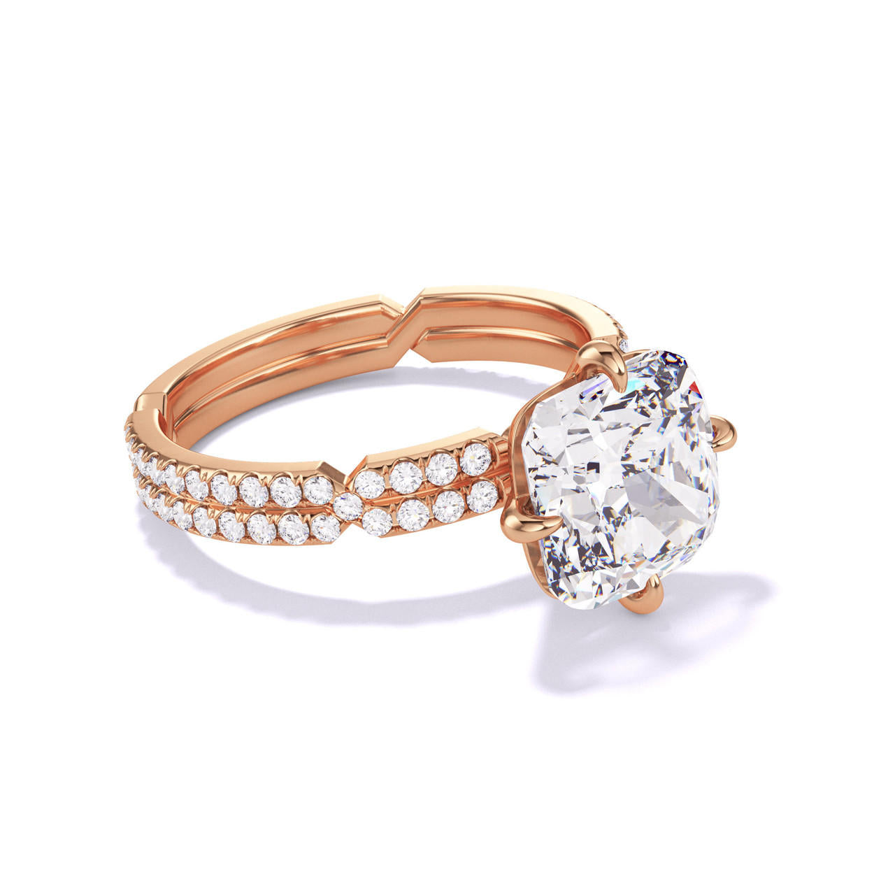 CUSHION CUT DIAMOND ENGAGEMENT RING WITH A COMPASS 4 PRONG CHANCE PAVE SETTING IN 18K ROSE GOLD