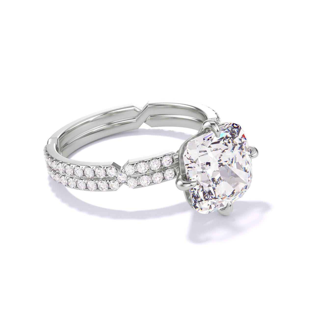 CUSHION CUT DIAMOND ENGAGEMENT RING WITH A COMPASS 4 PRONG CHANCE PAVE SETTING IN PLATINUM