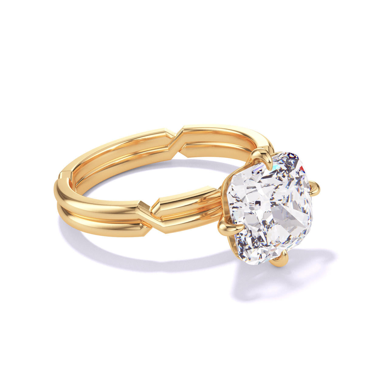 CUSHION CUT DIAMOND ENGAGEMENT RING WITH A COMPASS 4 PRONG CHANCE SETTING IN 18K YELLOW GOLD