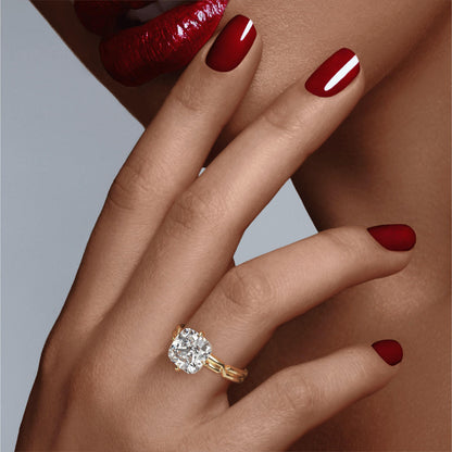 CUSHION CUT DIAMOND ENGAGEMENT RING WITH A COMPASS 4 PRONG CHANCE SETTING IN 18K YELLOW GOLD