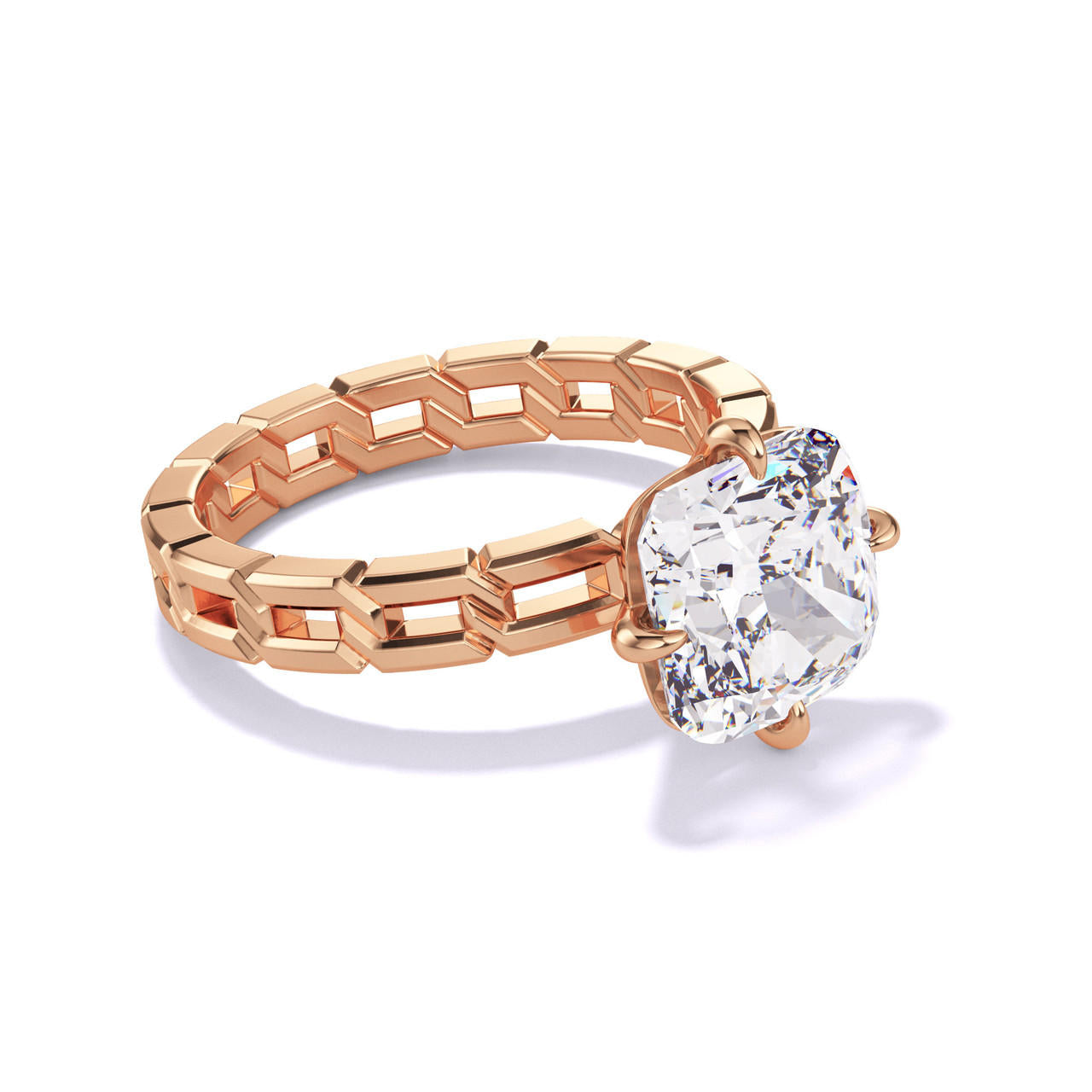 CUSHION CUT DIAMOND ENGAGEMENT RING WITH A COMPASS 4 PRONG 16 LINKS SETTING IN 18K ROSE GOLD