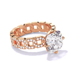 CUSHION CUT DIAMOND ENGAGEMENT RING WITH A COMPASS 4 PRONG 16 PAVE LINKS SETTING IN 18K ROSE GOLD