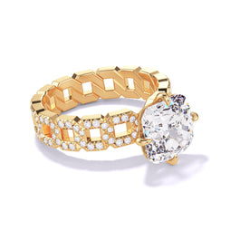 CUSHION CUT DIAMOND ENGAGEMENT RING WITH A COMPASS 4 PRONG 16 PAVE LINKS SETTING IN 18K YELLOW GOLD