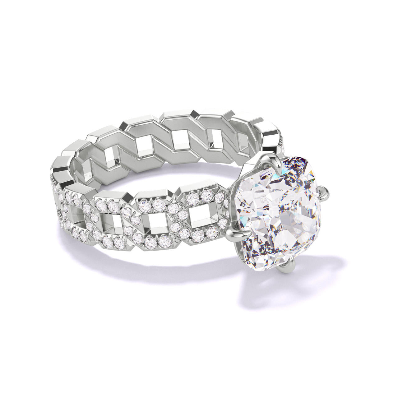CUSHION CUT DIAMOND ENGAGEMENT RING WITH A COMPASS 4 PRONG 16 PAVE LINKS SETTING IN PLATINUM