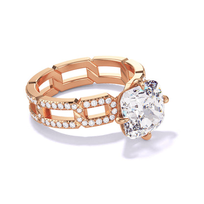 CUSHION CUT DIAMOND ENGAGEMENT RING WITH A COMPASS 4 PRONG 8 PAVE LINKS SETTING IN 18K ROSE GOLD