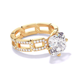 CUSHION CUT DIAMOND ENGAGEMENT RING WITH A COMPASS 4 PRONG 8 PAVE LINKS SETTING IN 18K YELLOW GOLD