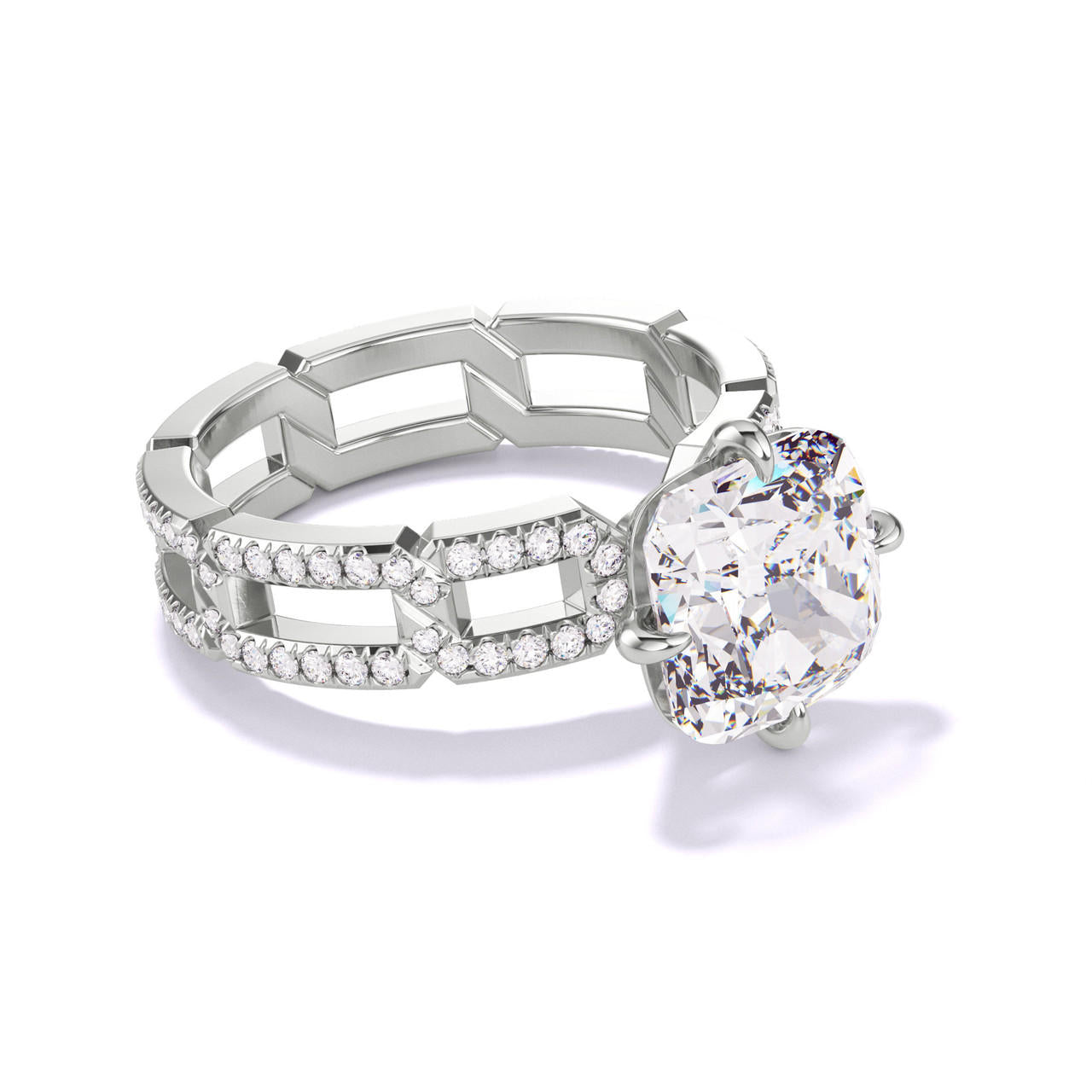 CUSHION CUT DIAMOND ENGAGEMENT RING WITH A COMPASS 4 PRONG 8 PAVE LINKS SETTING IN PLATINUM